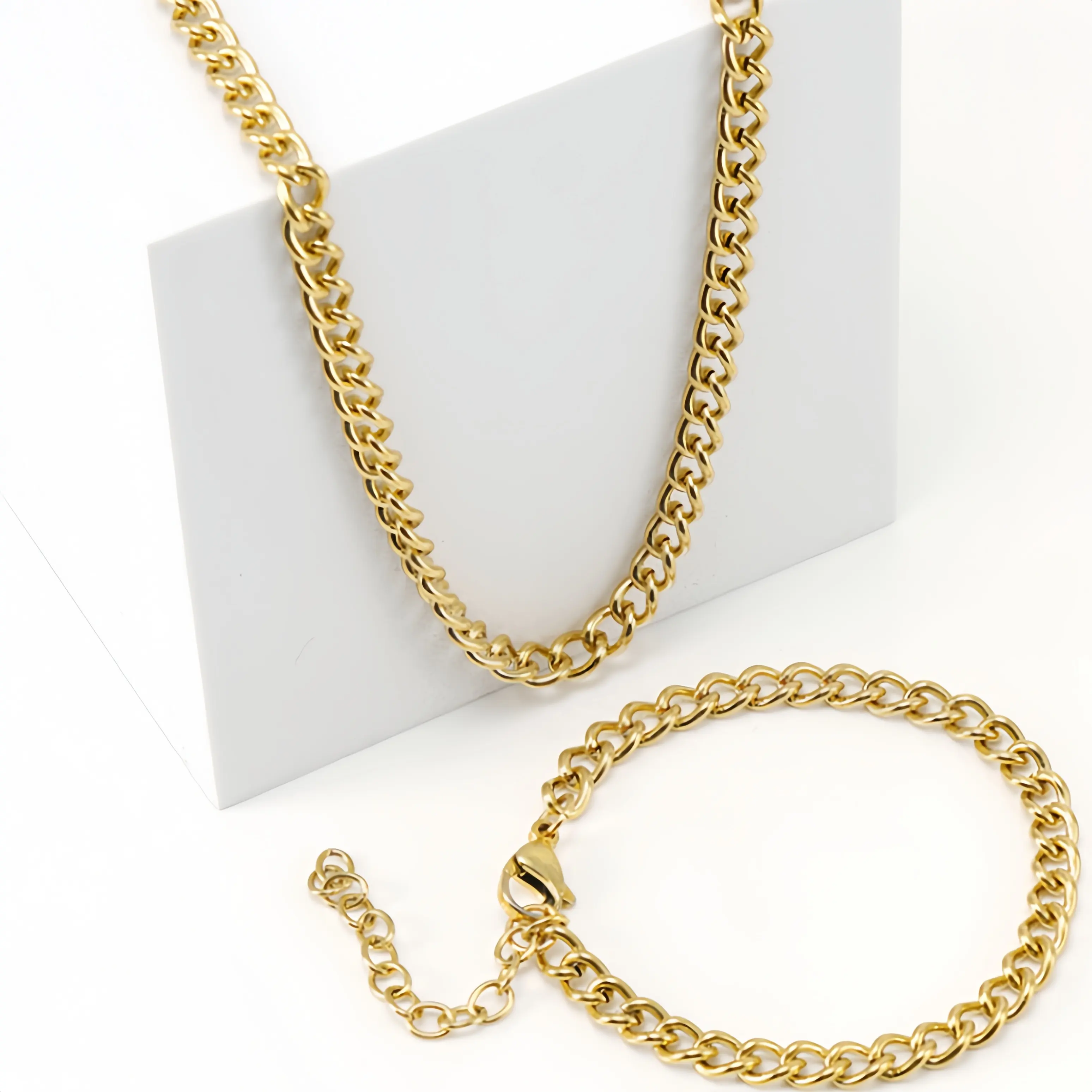 Wholesale Hiphop Fashion Jewelry Set 18K Gold-Plated Stainless Steel Bracelet Necklace DIY Jewelry Cuban Link Chain