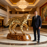 Sculpture géante en fibre de verre Léopard Doré - Statue artistique électroplaquée sur mesure - Sculpture animale grand format pour intérieur/extérieur - Imprimée en 3D