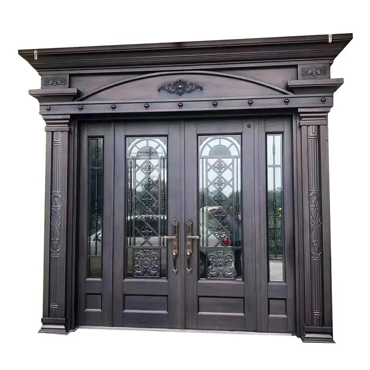 Puerta de entrada de seguridad de acero, 4 paneles, puerta francesa con diseño de seguridad, fotos de puerta de vidrio, Columpio de aleación de Zinc, puerta principal de Villa de 90mm