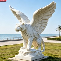 YOUFINE Statue de tigre ailé en marbre blanc sculpté à la main, sculpture volante pour la décoration extérieure de jardin, de villa et de paysage
