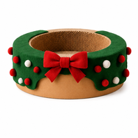 Lit pour chat en carton ondulé, griffoir rond en forme de couronne de Noël avec nœud rouge et pompons