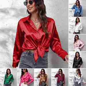 I-0711 Hot Selling Spring Summer Breathable Vintage Casual Woven Satin Tank <b>Top</b> for Women Solid Color Like-Silk Long Sleeve - Product Image 6