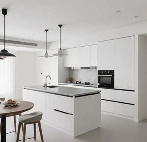 SANTOPOVA Modern Minimalist High Gloss White Kitchen <b>Cabinets</b> <b>with</b> Glass <b>Doors</b> and Built-In Oven - Product Image 2