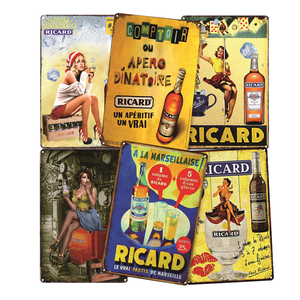 Ensemble de panneaux métalliques vintage <span class=keywords><strong>Ricard</strong></span> Pastis Français, Plaque murale rétro Pin-Up Girl pour la décoration de bars et bistrots - Product Image 1