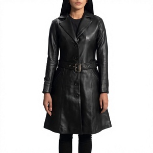 Manteau long et souple en cuir véritable pour femmes, imperméable, manteau de piste d'hiver avec ceintures, veste en fourrure de mouton, en stock - Product Image 1