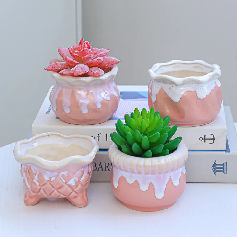 Сочный милый Кактус/цветок бонсай, розовый керамический 4-дюймовый горшок для растений