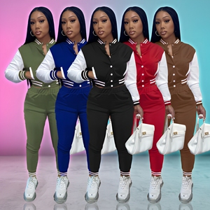 Women's <b>2</b> <b>Piece</b> Tracksuit <b>Set</b> Sporty Full Sleeve Varsity Jacket Pants Solid Color Breathable Knitted Polyester All Seasons - Product Image 1