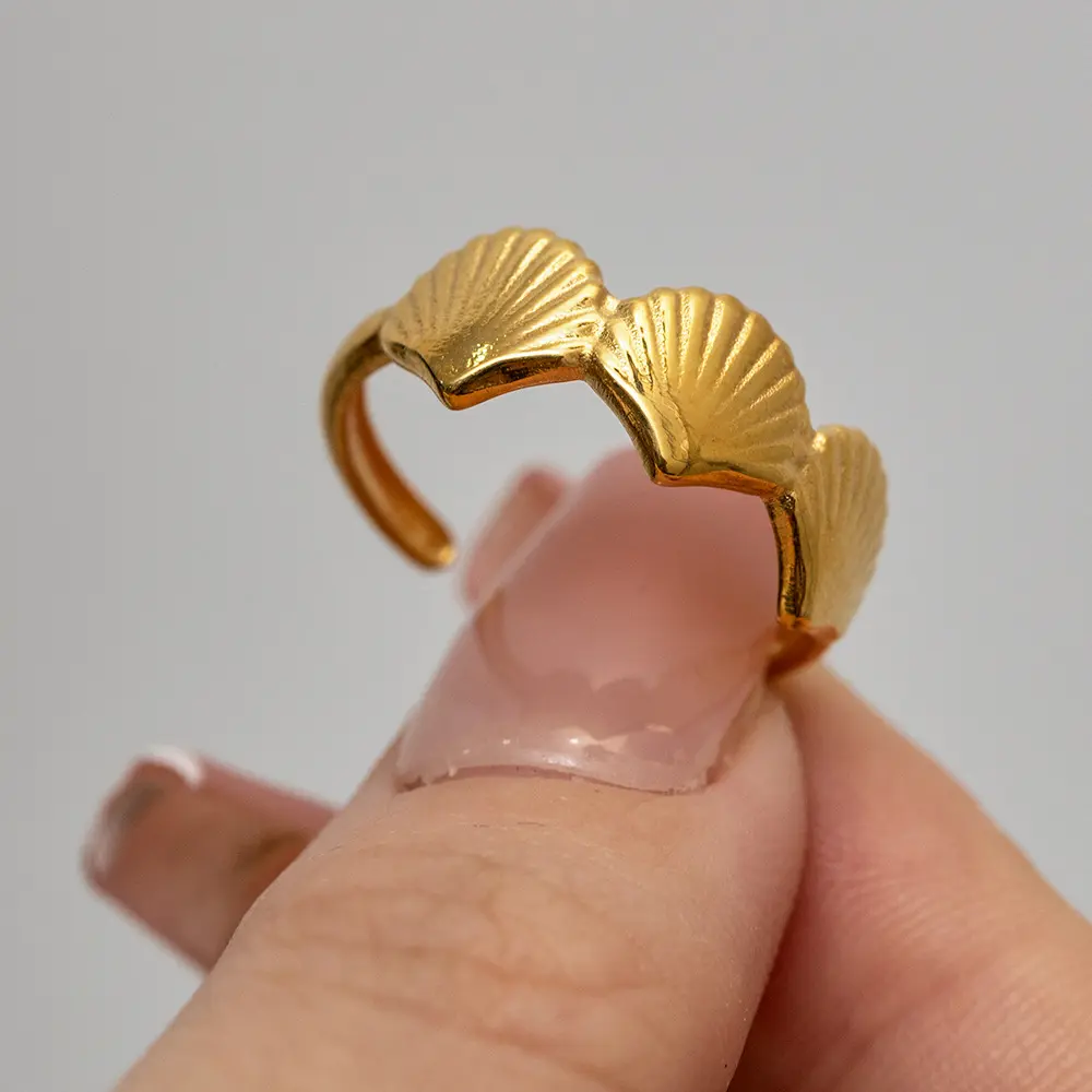 Французские ювелирные изделия, не запятнать, 18-каратное позолоченное Открытое кольцо без выцветания, из нержавеющей стали, резные ракушки, регулируемое кольцо для женщин
