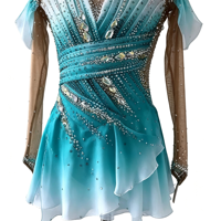 Robe de patinage artistique pour enfants, dégradé bleu sarcelle, manches volantées, dos ouvert en maille, strass faits à la main, pour la compétition