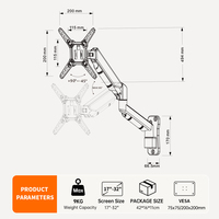 Support mural universel pour moniteur KHCOOHOO en acier allié avec ressort à gaz, mouvement complet, 13-32 pouces, VESA 400x400, charge 9 kg, stock noir, rotation à 360°