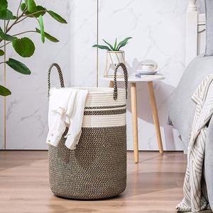 Grand panier de rangement en corde de coton tressé, panier à linge, panier pour couvertures et jouets avec poignée, panier à linge sale pliable - Product Image 1