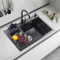Vente en gros d'évier de cuisine multifonction moderne à encastrer en acier inoxydable 304 Nano noir à cuve unique évier de cuisine fait à la main