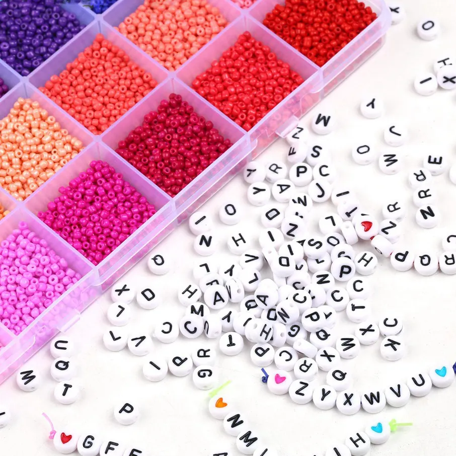 Wholesale 2mm Glass Seed Beads Box Set Alphabet Letter Charm Beads Bracelet Rings Diy Accessories Craft Kit For Jewelry Making