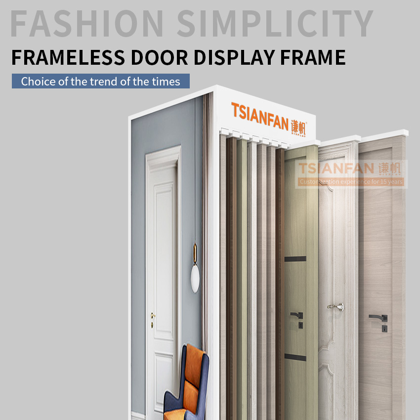 Hot selling horizontal sliding display frame frameless solid wood composite door sample for showroom wooden door display stands