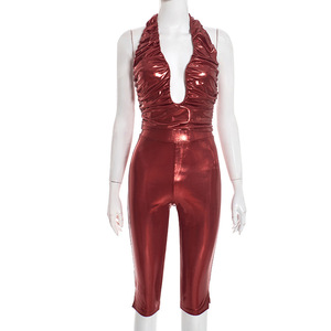 FS18114D <strong>Sexy</strong> PU <strong>Leather</strong> <strong>Outfits</strong> Women Tops and Pants Two-piece Set - Product Image 4