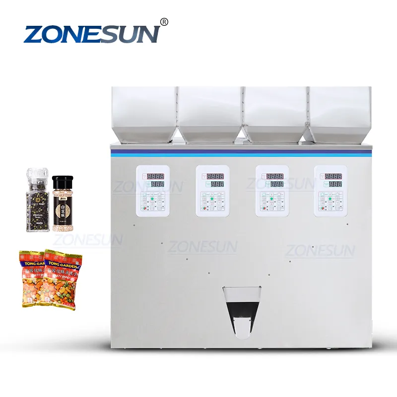 ZONESUN ZS-GWF4 полуавтоматическая четыре головы машина для просеивания пудра из приправ и частицы пищевой подъемник для подачи крупы и риса кофе в зернах гранулы взвешивания разливочная машина