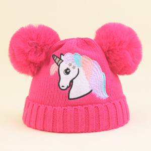 Bonnet d'hiver pour filles avec pompon licorne, bonnet tricoté pour petites filles - Product Image 2