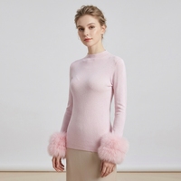 Pulls en laine légers de couleur unie, col rond, tricotés sur mesure avec poignets en vraie fourrure de renard pour femmes – Grande Vente