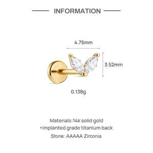 CANNER Simple Labret Minimaliste en Or Massif 14K et Titane G23 de Grade Implantable, avec Zircon Marquise, à Dos Plat et Filetage Interne pour Oreille - Product Image 3