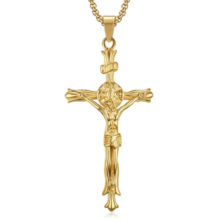 Fashion Wholesale Jewelry Stainless Steel Gold Long Round Box Chain Cross Necklace Crucifix Cross Pendant Necklace For Women Men
