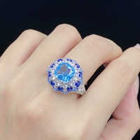 Anillo de Lujo con Flor de Aguamarina Simulada de Latón 8*8, Chapado en Rodio, para Boda o Fiesta, Gran Venta