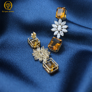Juego de Joyería de Oro Estilo Vintage con Diamantes Corte Marquesa, Esmeralda y Topacio Amarillo Oscuro, Aretes con Diseño Floral, Regalo para Mujer - Product Image 2