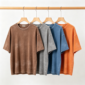 T-shirt Homme Col Rond Oversize en Coton Premium Délavé à l'Acide, Impression Personnalisée, Style Décontracté Streetwear, Épaules Tombantes, Grammage Lourd - Product Image 1