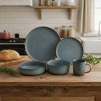 Service de table classique en céramique grès à glaçure réactive verte |   Ensemble de 5 assiettes, bols et tasses |   Compatible lave-vaisselle et micro-ondes