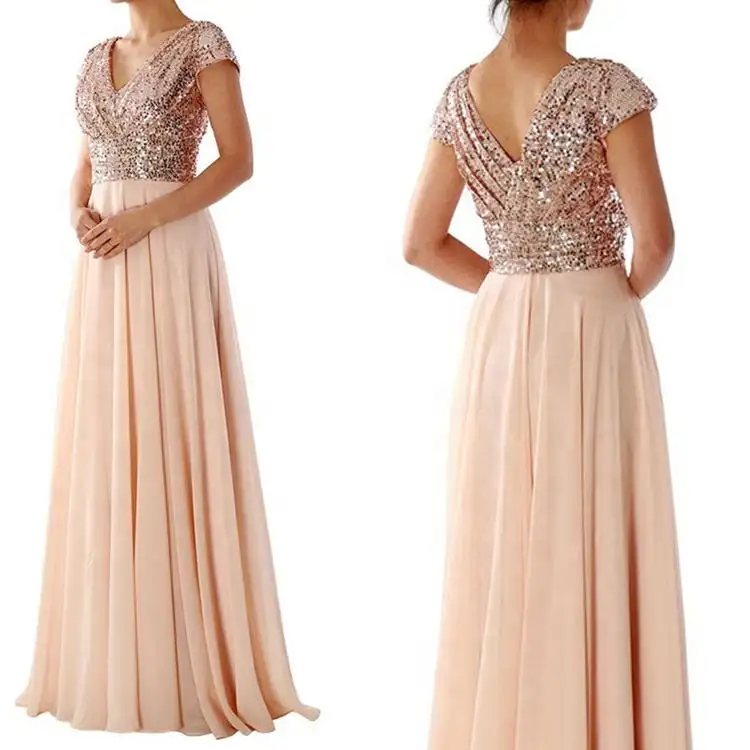 Elegant Popular Prom Long Evening Gowns V Neck Sequin Chiffon Champagne Draped Women Bridesmaid Party Dress