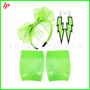 LPP4617 80s Neon Retro Lace <b>Bow</b> Headband Earrings Fishnet Gloves Set For Party Women's Fashion Jewelry - Product Image 4
