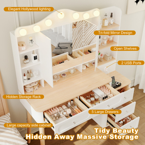 Modern Solid Oak Wood <b>Vanity</b> Desk with Removable Lighted <b>Mirror</b> 2 USB Power Strips 3-Drawer Storage Set for Bedroom - Product Image 3