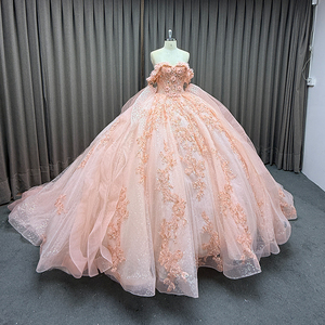 Robe de bal de princesse rose pour Quinceañera et fête des 15 ans, en dentelle, perles de cristal, tulle, col rond, corset, coupe Empire, traîne XV - Product Image 3