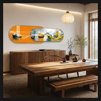 Décoration Murale Métallique Abstraite Deux Pièces Orange et Bleue, Paysage avec Cerfs et Arbres, pour Salon, Hôtel, Intérieurs Contemporains
