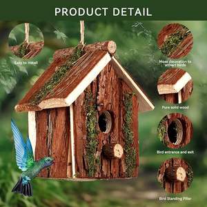 Casa per gli uccelli <span class=keywords><strong>in</strong></span> <span class=keywords><strong>legno</strong></span> rurale con caldo Design appeso impermeabile decorato con muschio e corteccia di albero naturale finitura modello solido - Product Image 6