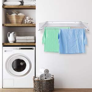 Porte-vêtements mural avec 6 cintres, barre de séchage blanche, facile à ranger/démonter - Product Image 2