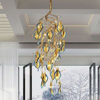 Lustre Pendentif Moderne Simple en Or avec Feuilles LED Dimmables 110-240V pour Villa Escalier Décoration Intérieure