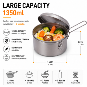 Olla de Titanio Puro de 1350 ml, Juego de Utensilios de Cocina para Acampar, Olla para Cocinar al Aire Libre con Plato, Asa Plegable, Equipo de Excursionismo OEM - Product Image 4