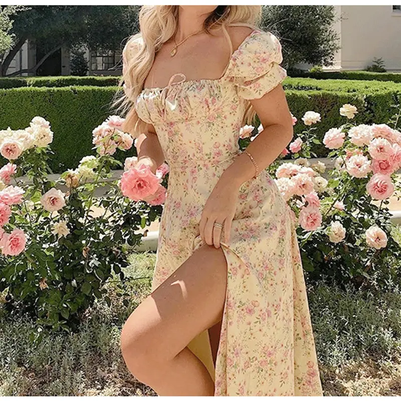 Clothing summer floral puff sleeve long casual sexy elegant dresses for women