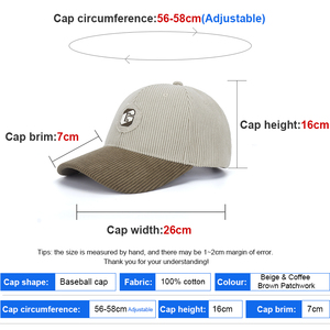 Custom Spring Autumn 6 Panel Beige Brown Patchwork Corduroy Unisex Baseball Cap Sports Caps <b>Sun</b> <b>Hat</b> for Outdoor Activities - Product Image 2