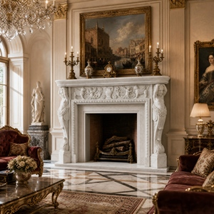 Cheminée traditionnelle en marbre avec sculptures ornées, pierre blanche, décoration murale intérieure pour salon - Product Image 2
