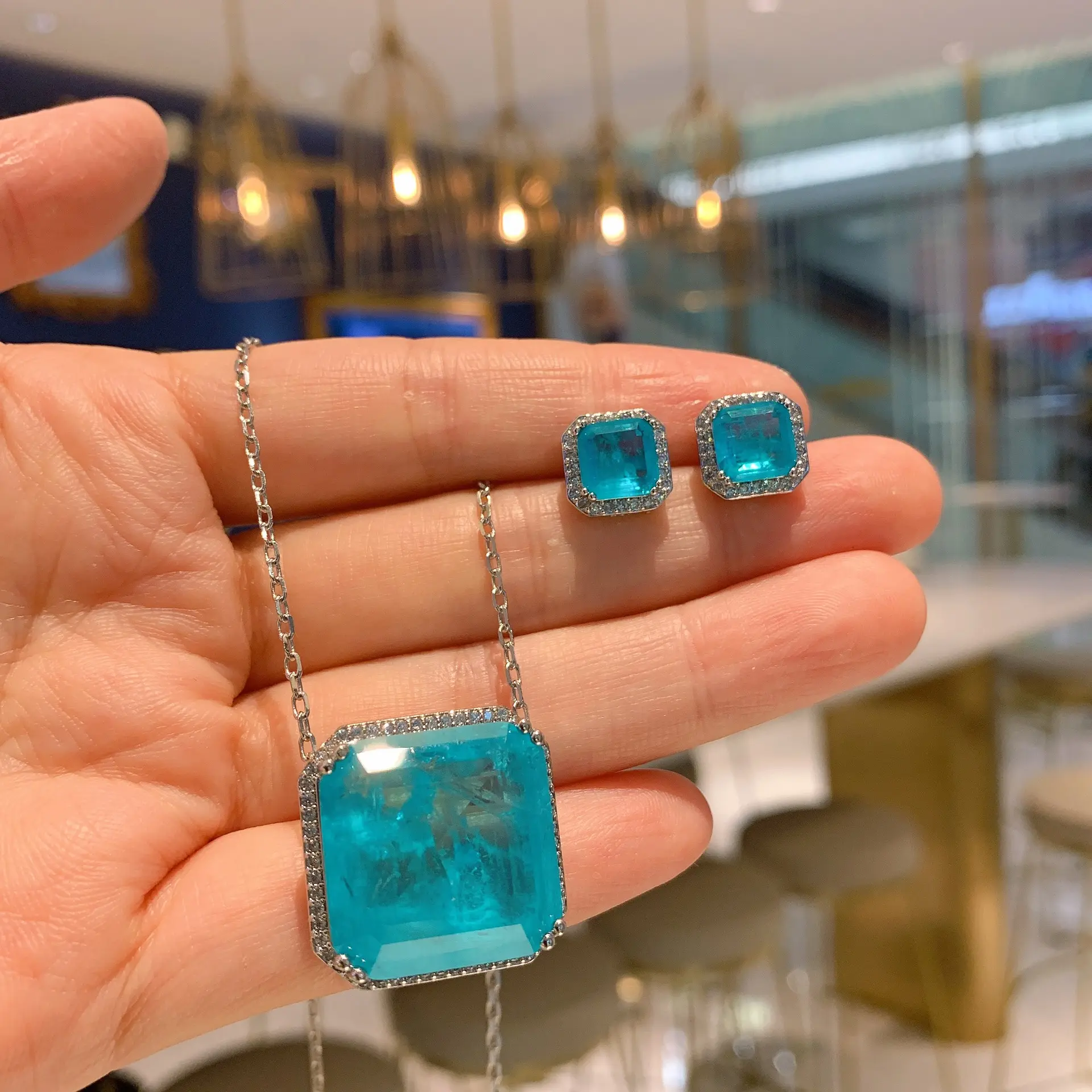 Toermalijn Blauw Vierkant Fusion Sieraden Set Voor Vrouwen Glazen Kristallen Hanger Ketting Brazilië Semjoias Sieraden Voor Vrouwen