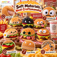 Porte-clés en peluche hamburger prêt à la vente, emballage personnalisé, carte suspendue, boîte cadeau, présentoir de comptoir, marque privée, vente en gros