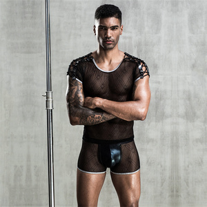 Maglietta a maniche lunghe da uomo sexy in pelle PU trasparente con lacci e inserti in rete - Product Image 4