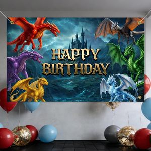 Fondo fotográfico <span class=keywords><strong>de</strong></span> Castillo <span class=keywords><strong>de</strong></span> Dragón Mítico, escena <span class=keywords><strong>de</strong></span> montaña con rayos, decoración <span class=keywords><strong>de</strong></span> pancarta para fiesta <span class=keywords><strong>de</strong></span> <span class=keywords><strong>cumpleaños</strong></span>, personalizable - Product Image 1