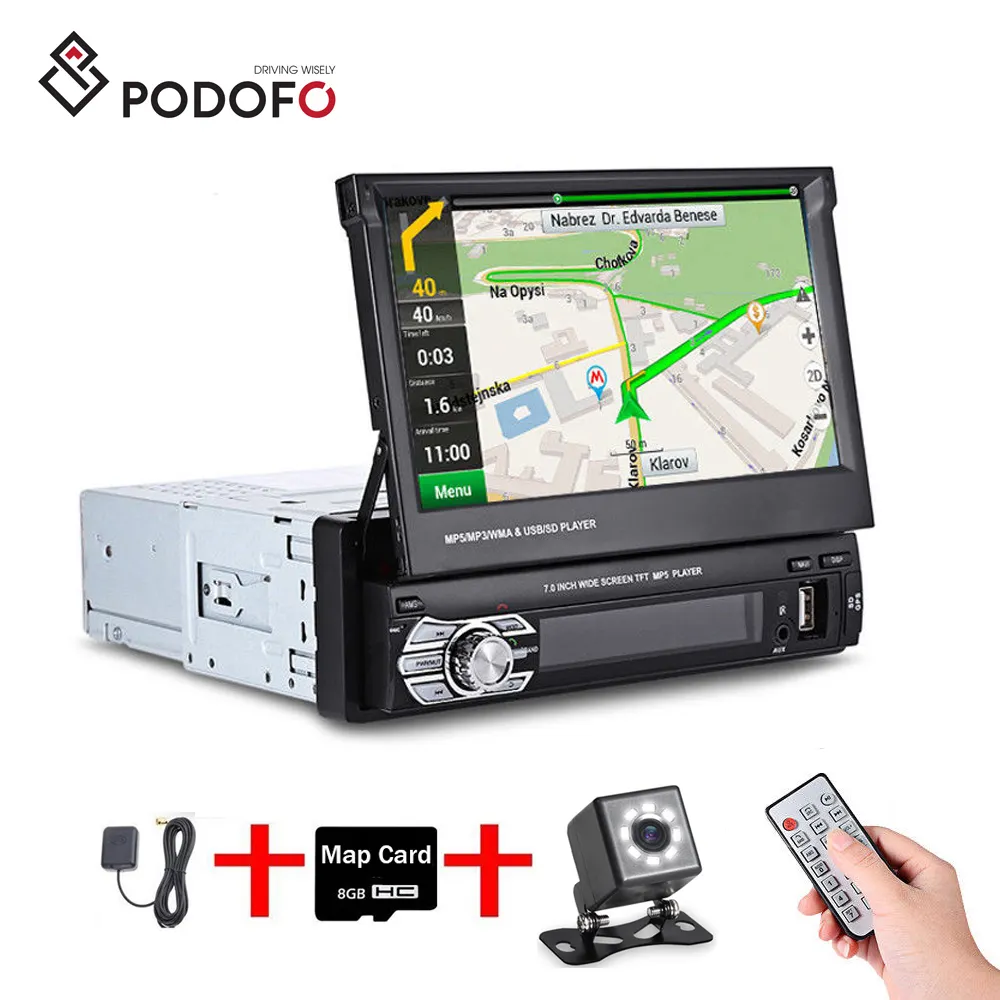 Podofo 1Din Auto Radio Autoradio di Navigazione GPS BT Stereo 7 "Touch Screen A Scomparsa FM USB SD + 8 IR macchina Fotografica di Retrovisione