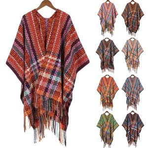 NOUVEAU 2025 Cape Poncho Châle pour Femme en Acrylique Tricoté Style Chinois Rétro <span class=keywords><strong>Ethnique</strong></span>, à Franges, Chaud, Motif Carreaux, pour l'Hiver et les Voyages - Product Image 1