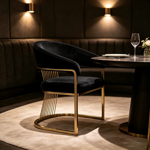 <span class=keywords><strong>Chaise</strong></span> de salle à manger de luxe en <span class=keywords><strong>velours</strong></span> à accoudoirs courbes, avec structure <span class=keywords><strong>cantilever</strong></span> en acier doré poli et dossier décoratif en fil métallique, pour usage commercial et résidentiel - Product Image 2