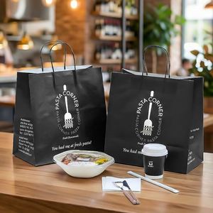 Sac en papier kraft biodégradable personnalisé avec logo imprimé pour la livraison de pâtes et salades à emporter - Product Image 2