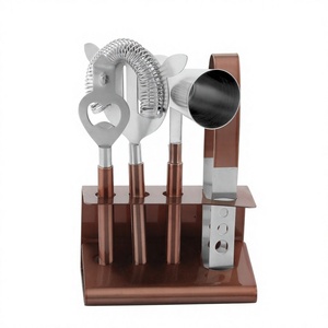 Kit de barman ecológico de 6 piezas de acero inoxidable, pinzas para hielo, medida de clavijas, soporte de madera negro, juego de herramientas de barra plateada, incluye barra - Product Image 1
