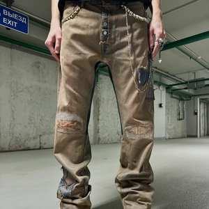 Men's High Quality Vintage <b>Jeans</b> Custom Mid Waist Straight Flat Distressed Wash Highstreet Breathable Zipper Fly for <b>Work</b>/Casual - Product Image 1